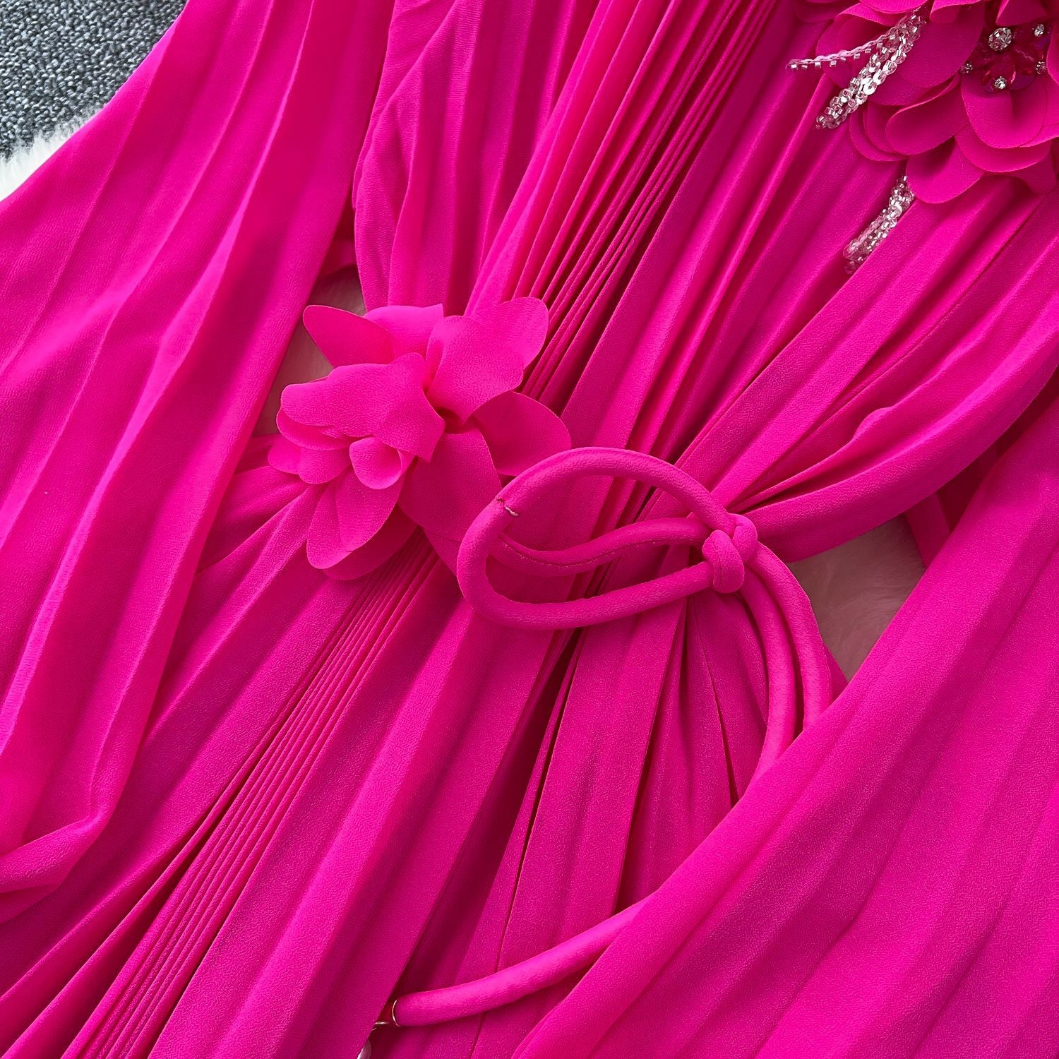 Elegant Women's Luxury Beaded Flower Belt Slim Waist Pleated Long Dress 16