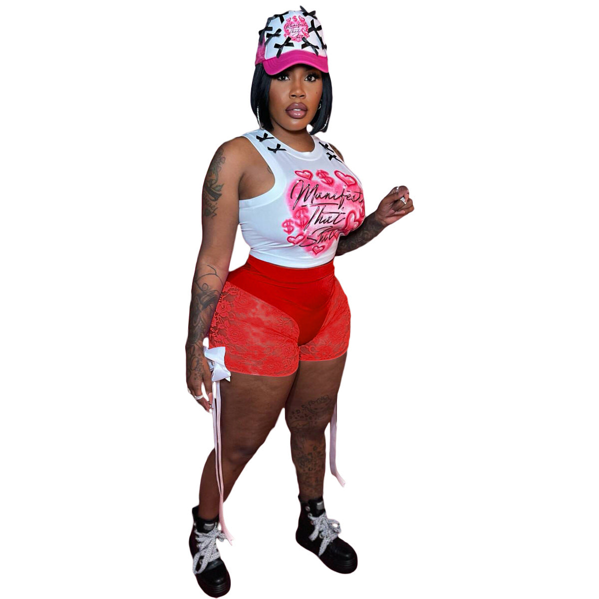 Women's sexy Lace See-Through bow shorts sleeveless vest two-piece set 20