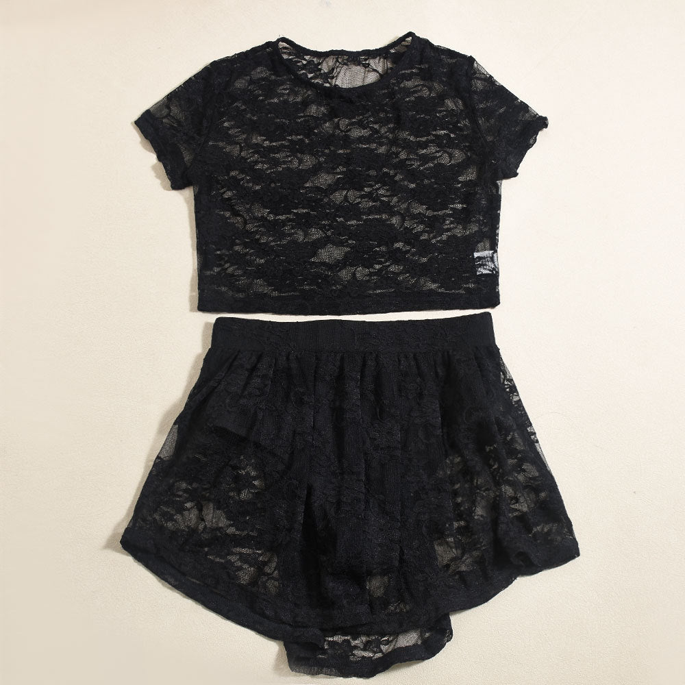 lace hollow Crop Short-sleeved top short skirt fashion sexy two piece set for women 8
