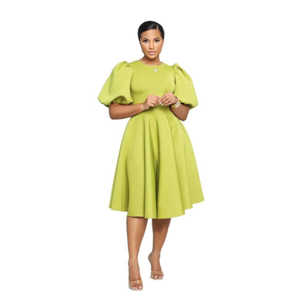 Round Neck Chic Puff Sleeve Slim Waist Swing A-Line Dress 5