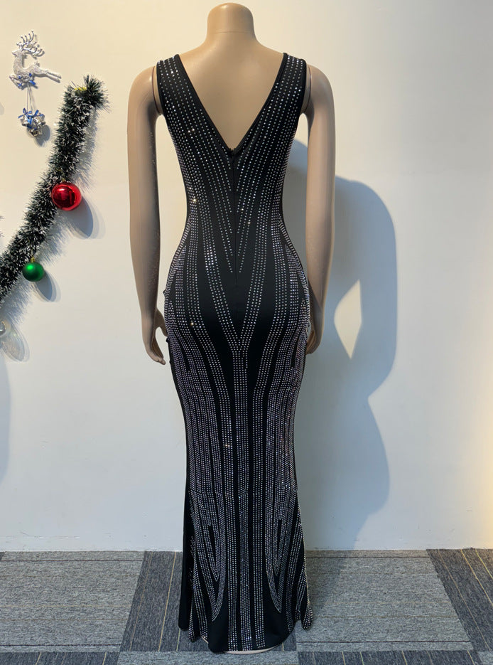 Women Beaded V-neck Sleeveless Elastic Bodycon Maxi Dress 8