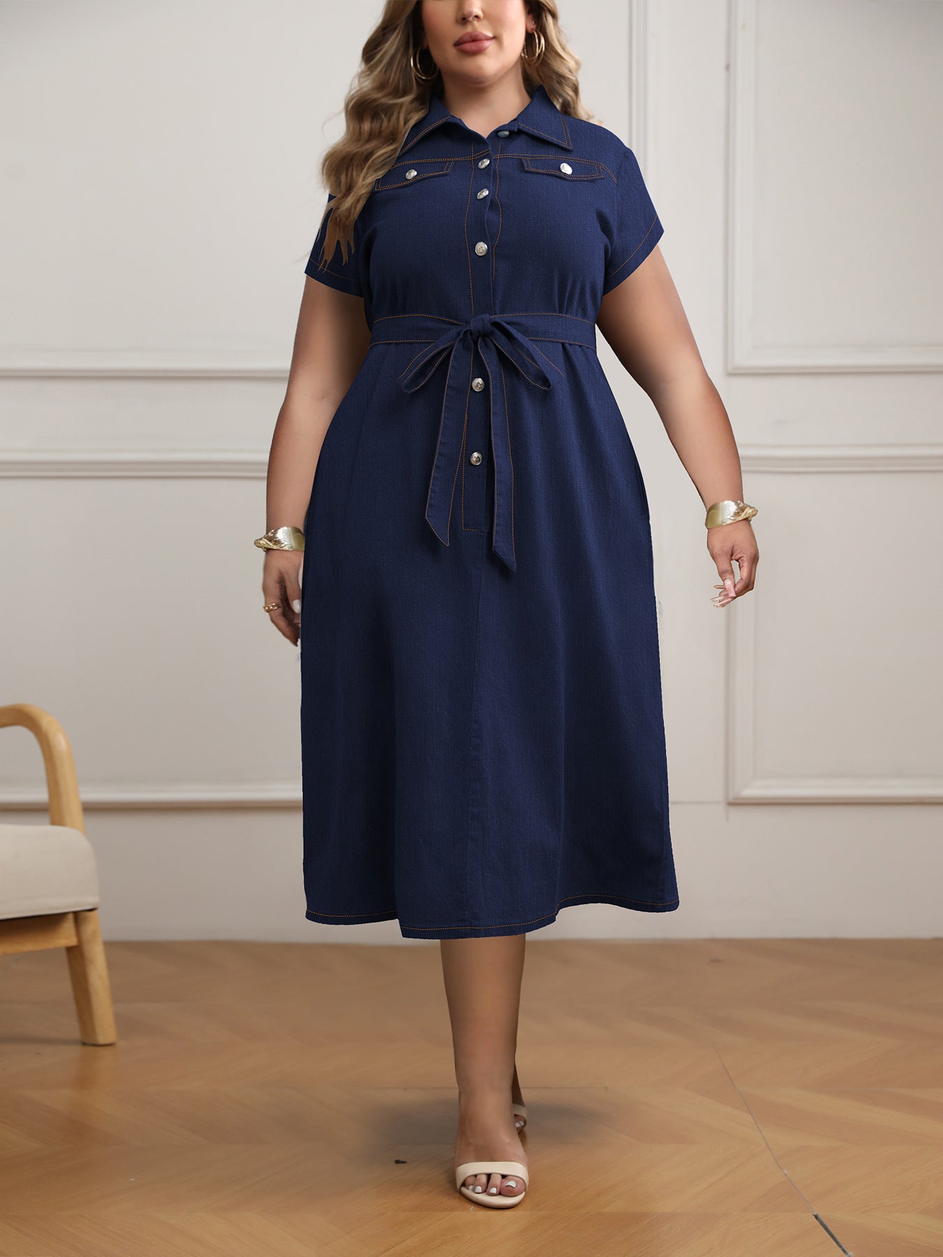 Plus Size Women Winter Turndown Collar Short Sleeve Dress 3