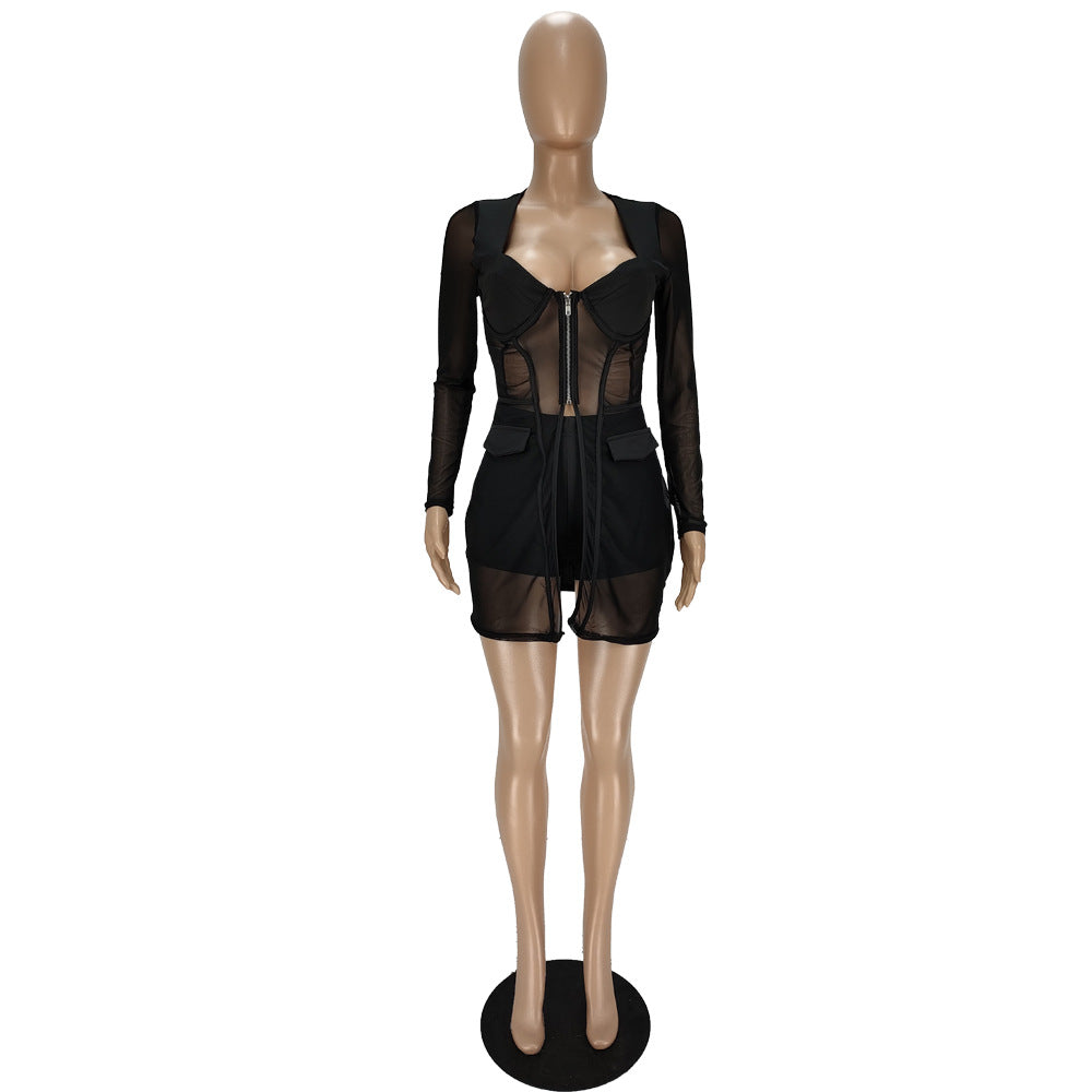 Women Mesh See-Through Patchwork Zipper Top and Shorts Two-piece Set 11