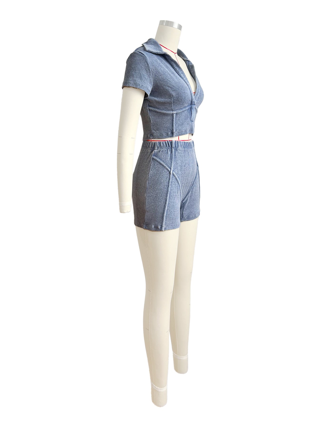 Women's Turndown Collar Deep V Short Sleeve Cotton Ribbed Top Shorts Two Piece Set 9