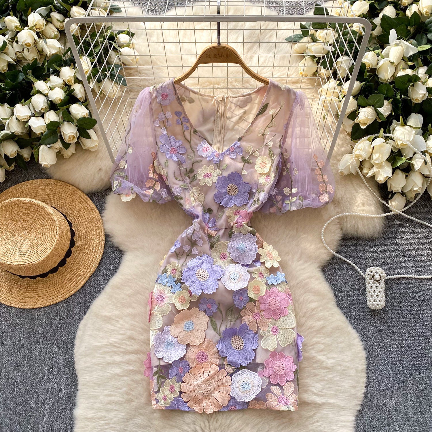 Women's  Luxury Embroidery Mesh Puff Sleeve Slim Waist Short Chic Dress 9