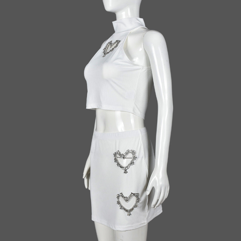 Women's Heart Rhinestone Hollow Crop Vest Short Skirt Casual Fashion Two Piece Set 11