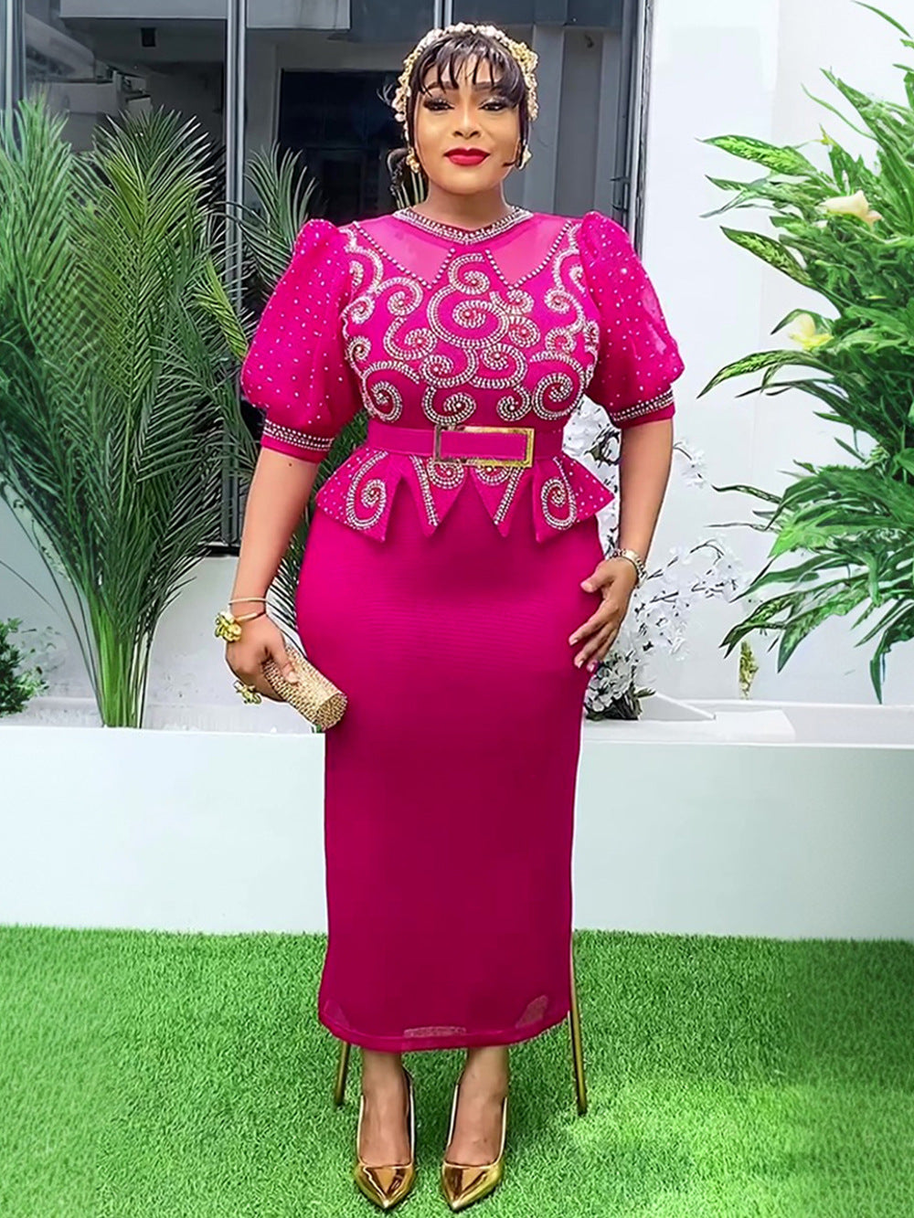 Plus Size African Women Beaded Puff Sleeve Bodycon Dress 8