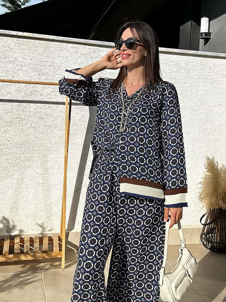 Women Casual Print Long Sleeve Shirt and Long Pants Two-piece Set 3