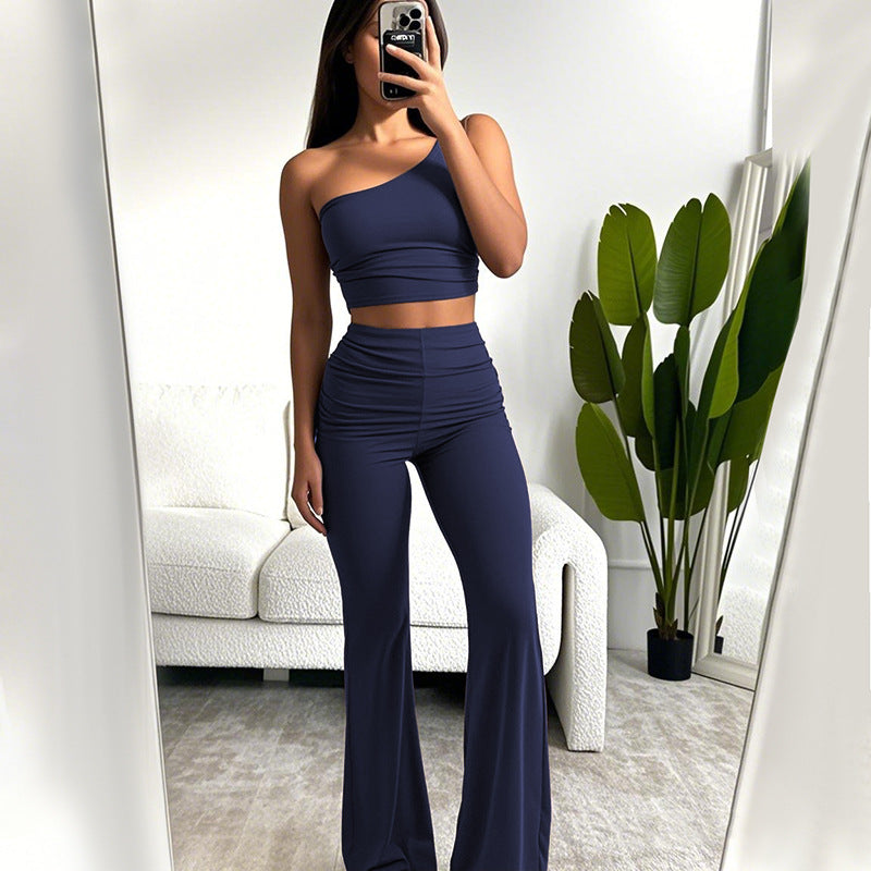 Women Casual Solid One Shoulder Crop Top and Pants Two-piece Set 6