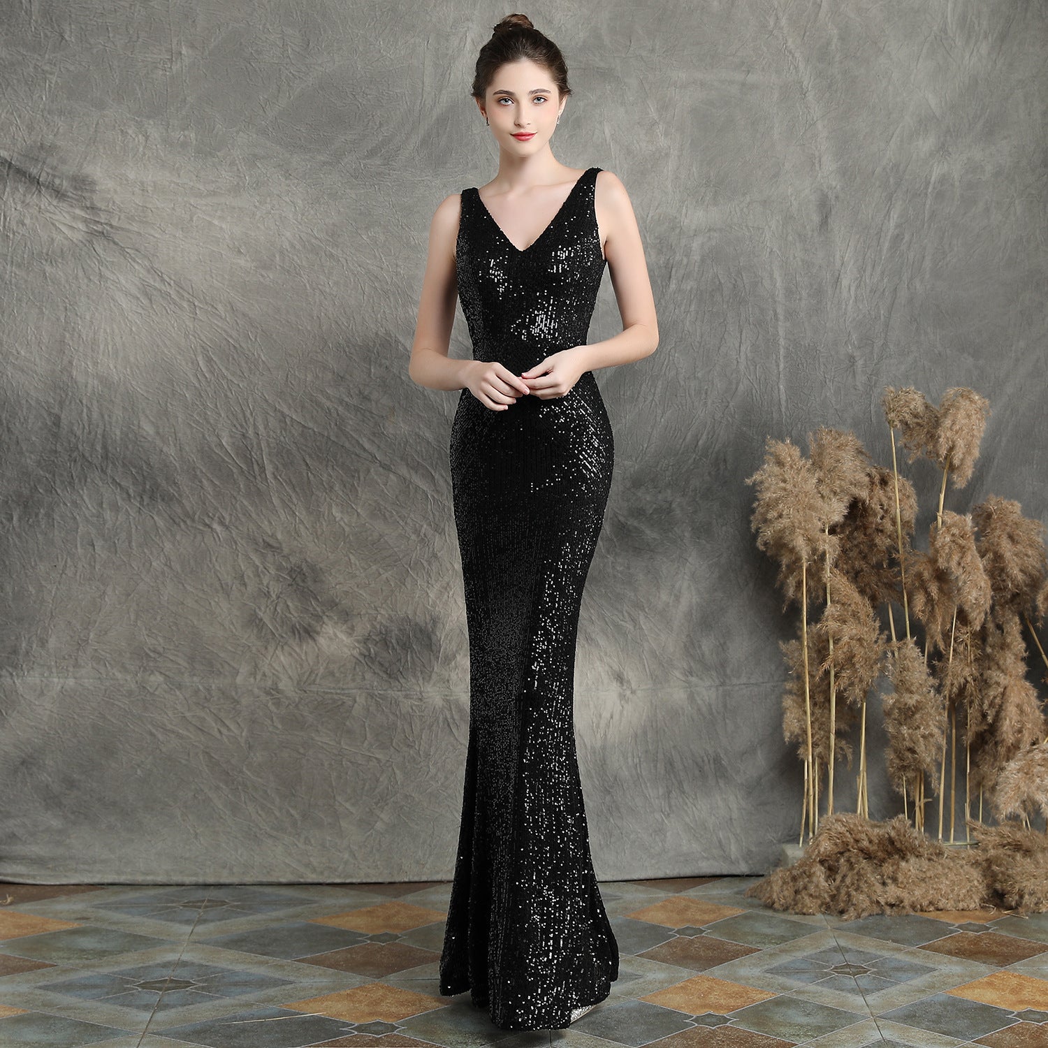 Women Elegant Sequined Slim Formal Party Maxi Mermaid Evening Dress 5