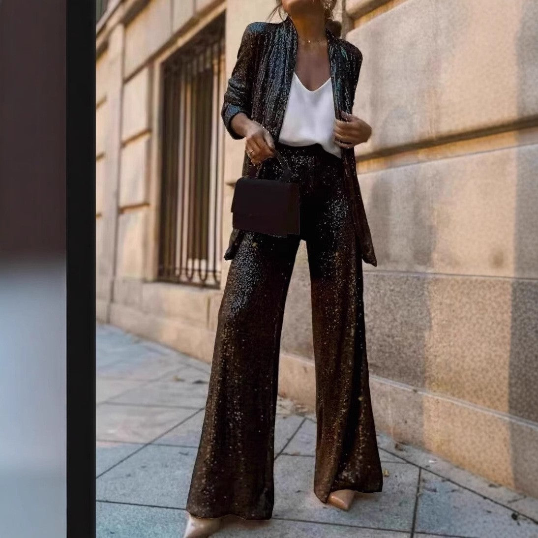 Women's Sequin Long Sleeve Two Piece Pants Set Chic Outerwear