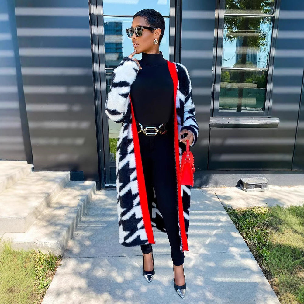 Women Autumn and Winter Houndstooth Long Coat 4