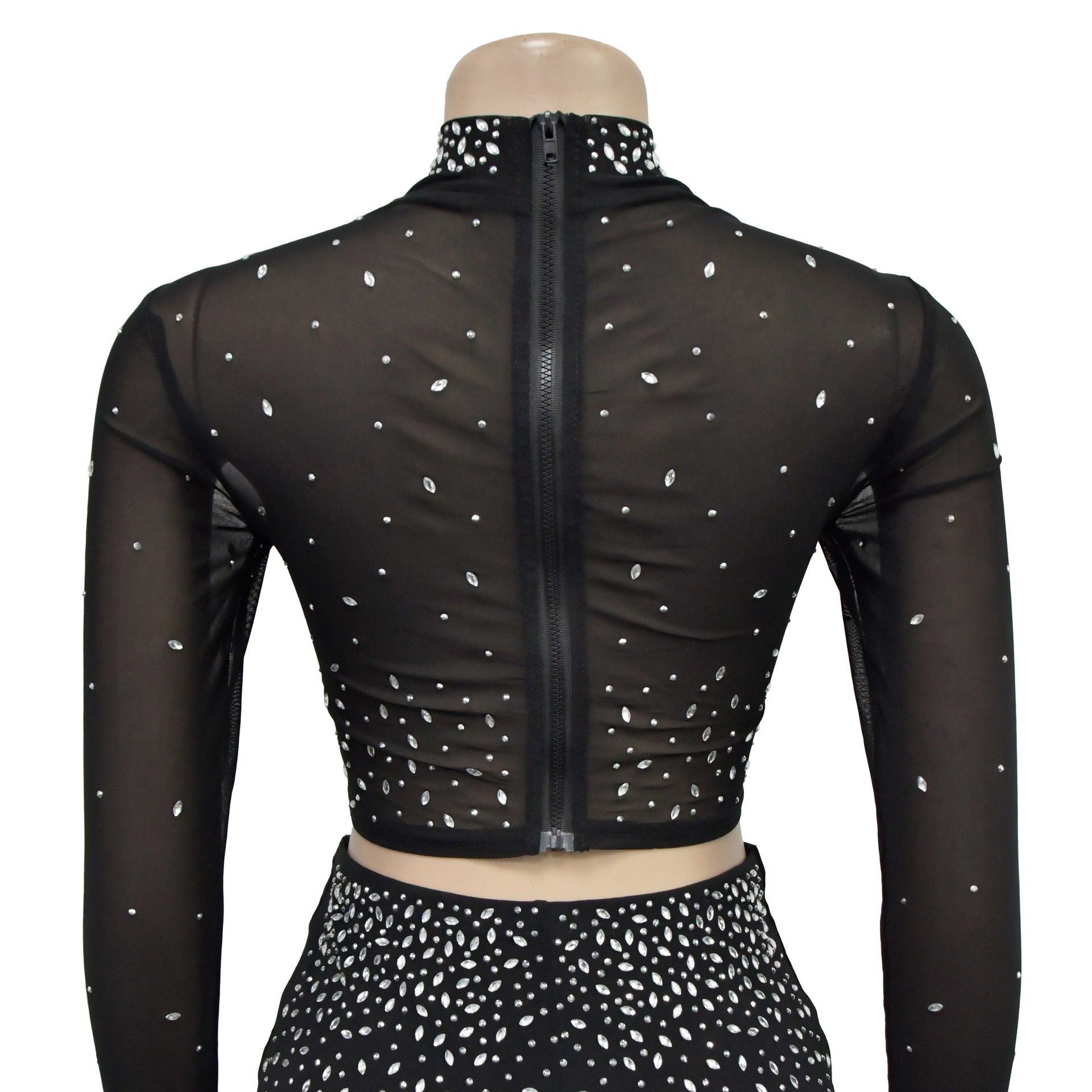 Fashionable Women's Solid Color Beaded Mesh Long-Sleeved Two-Piece Trousers Set 17