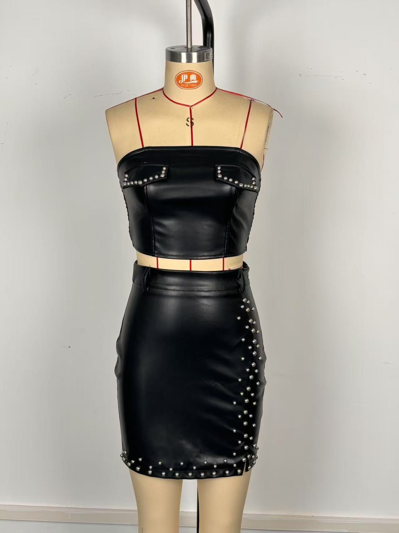 Women Sexy Top and Skirt Pu-Leather Two-piece Set 10