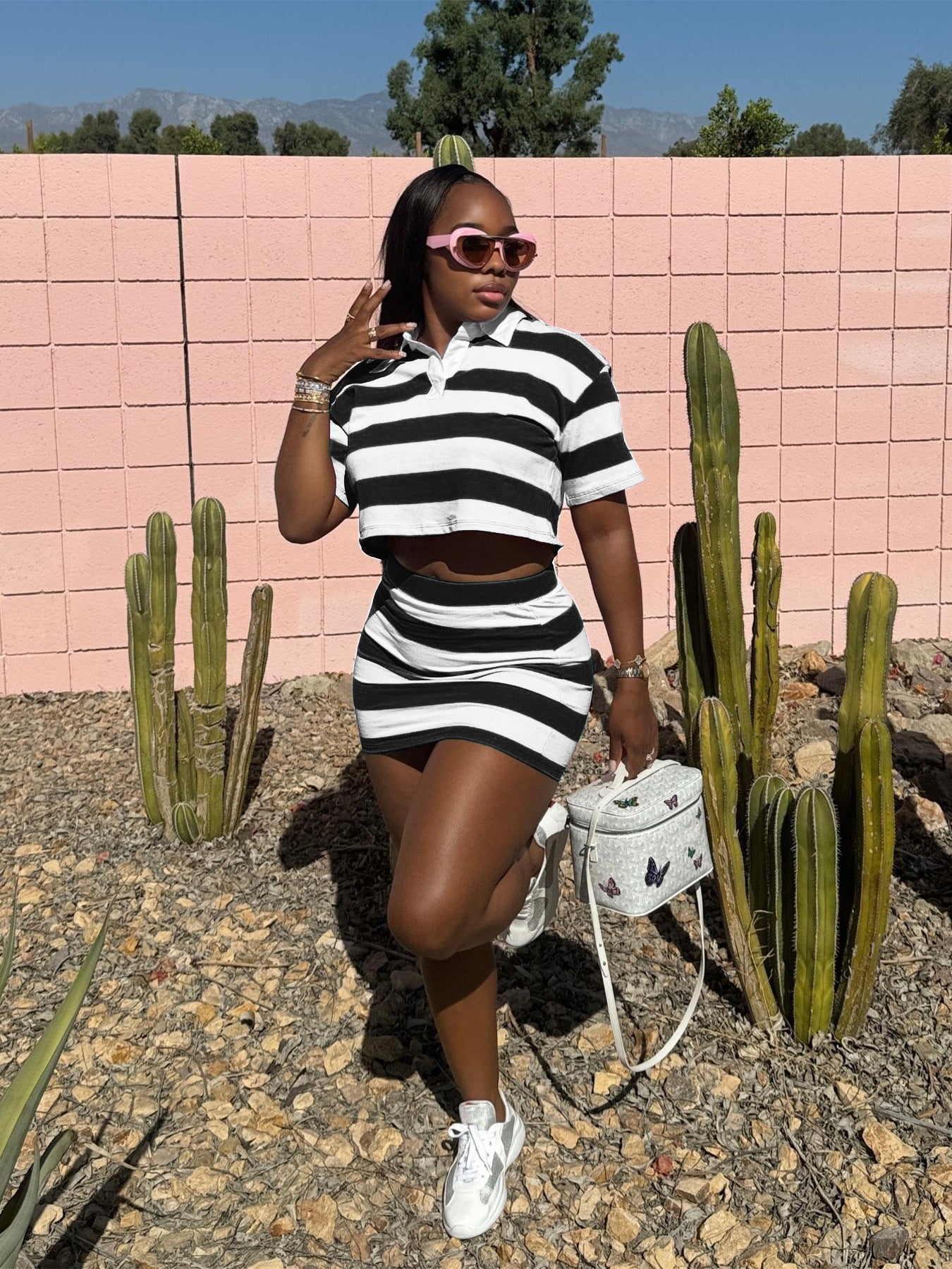 Women Striped Contrast Turndown Collar Crop Top and Bodycon Skirt Two-Piece Set