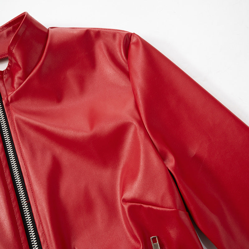 Women nightclub sexy pu Leather jacket Top flower bud SKirt Two Piece Set 12