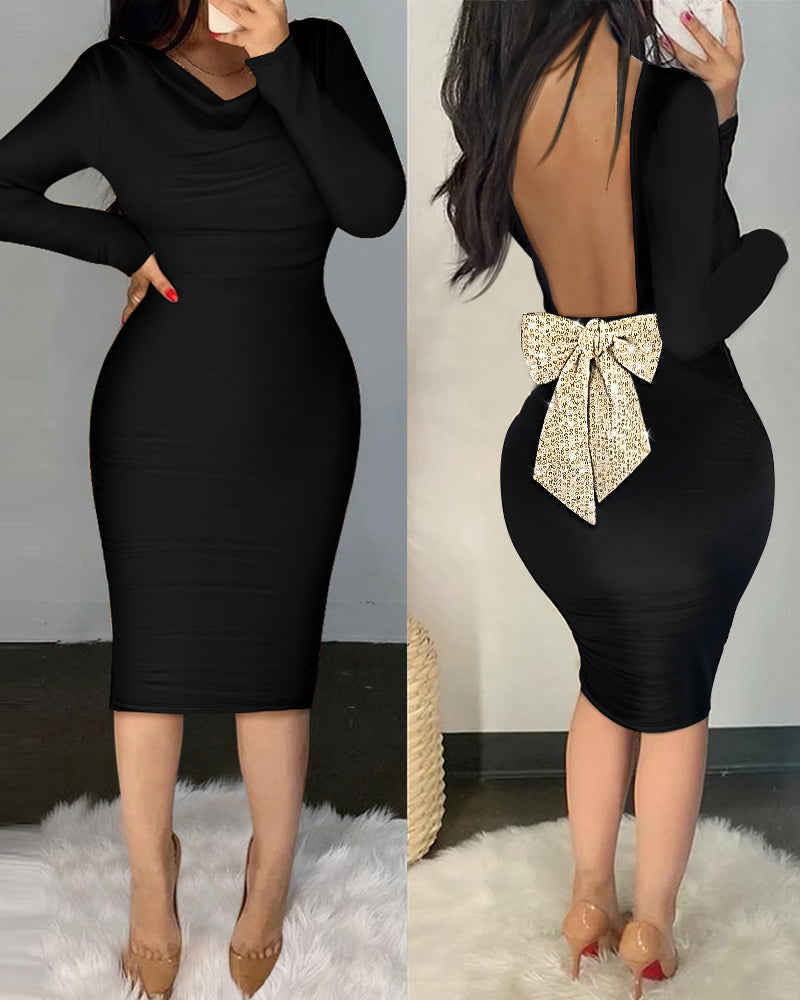 Women's Bow Backless black long sleeve bodycon dress 3