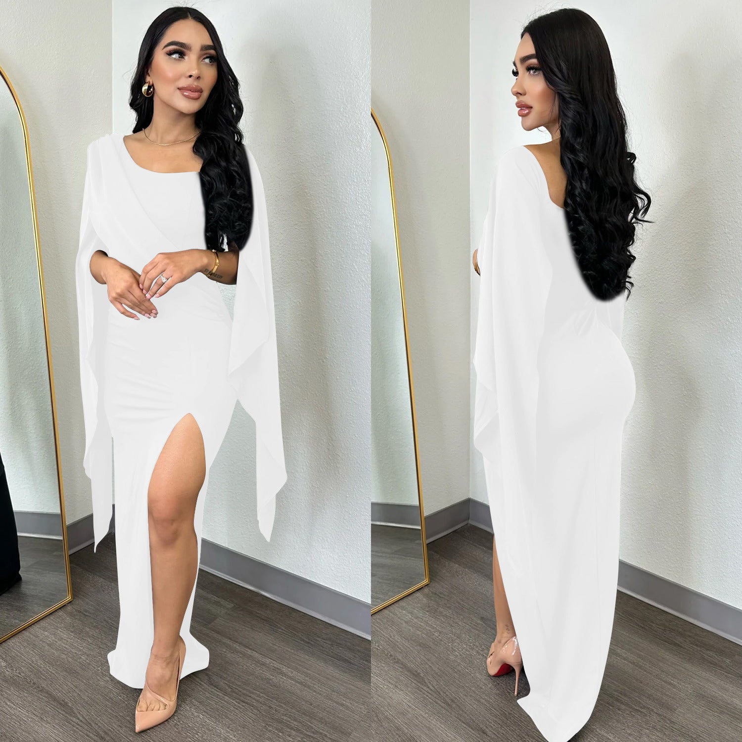 Fashion Women's Solid Color Long Sleeve Slit Pleated Maxi Dress 7