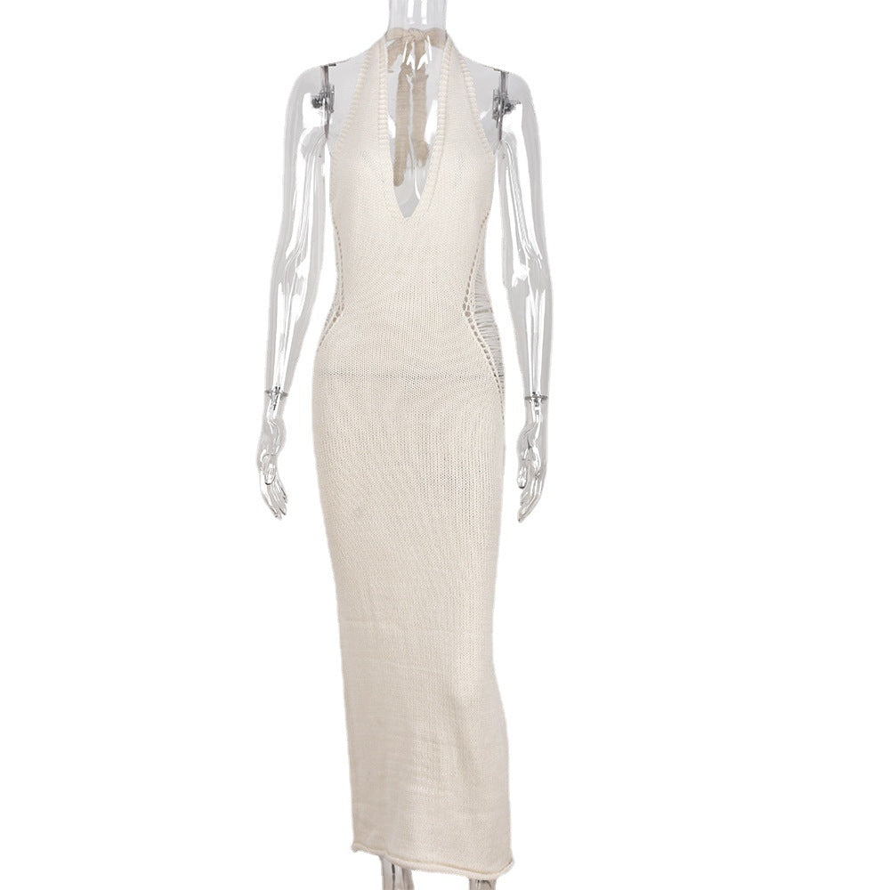 Women's Hollow Style U Neck Tie Knitting Long Dress 7
