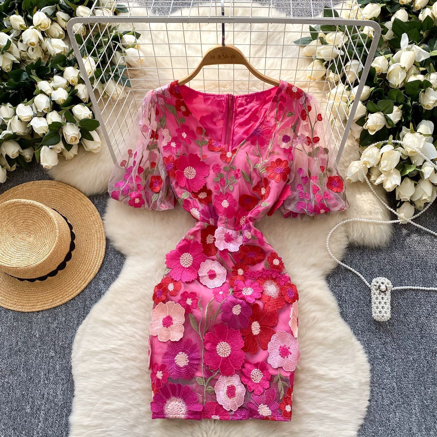 Women's  Luxury Embroidery Mesh Puff Sleeve Slim Waist Short Chic Dress 7