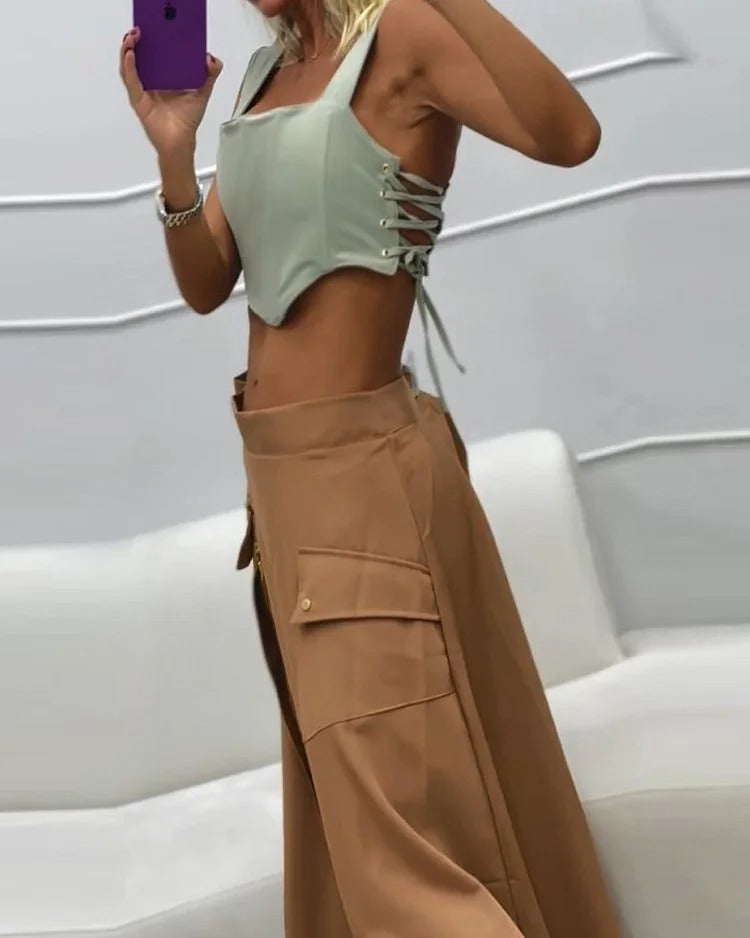 Women Fashion Casual Sleeveless solid color tie Tank Skirt two-piece set