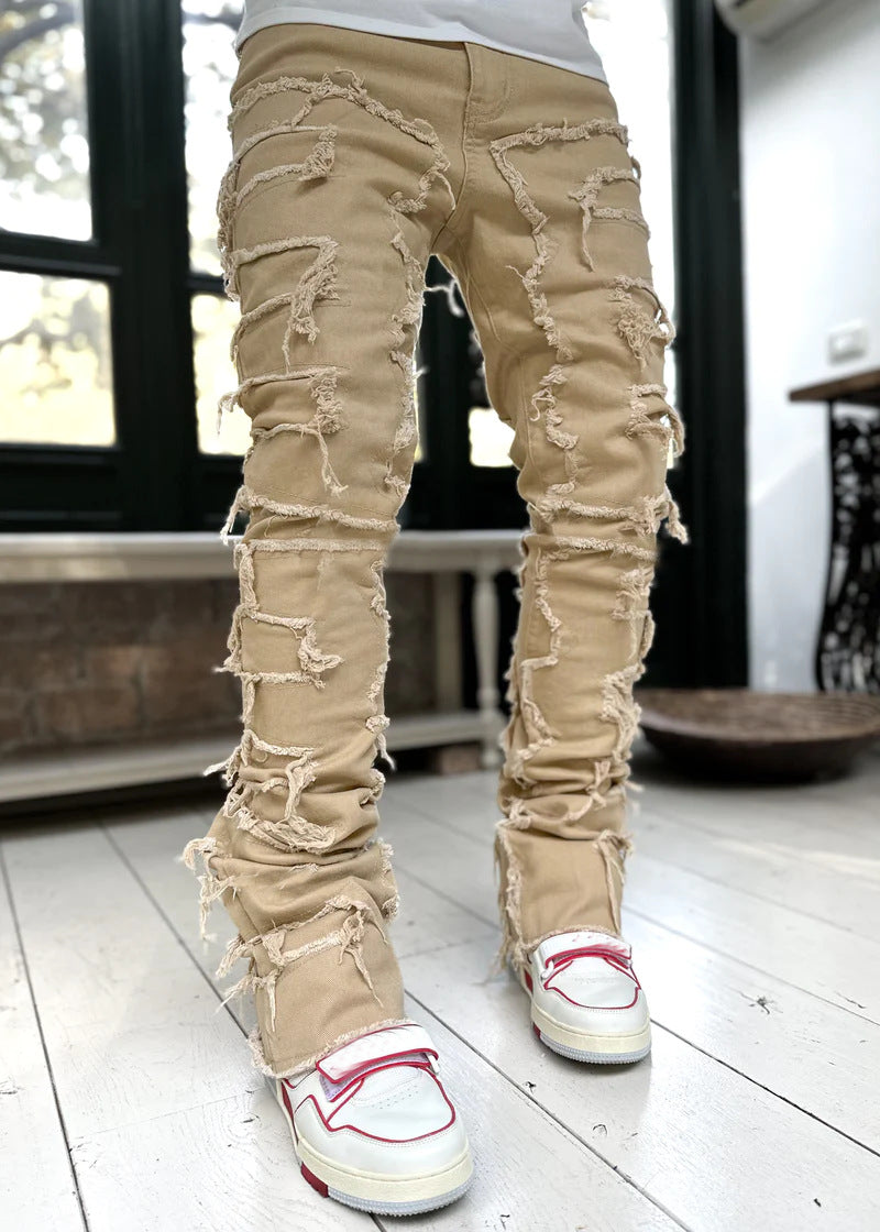 Men's Denim Straight Leg Pants Street Fashion Stretch Patch Denim Straight Leg Pants 6