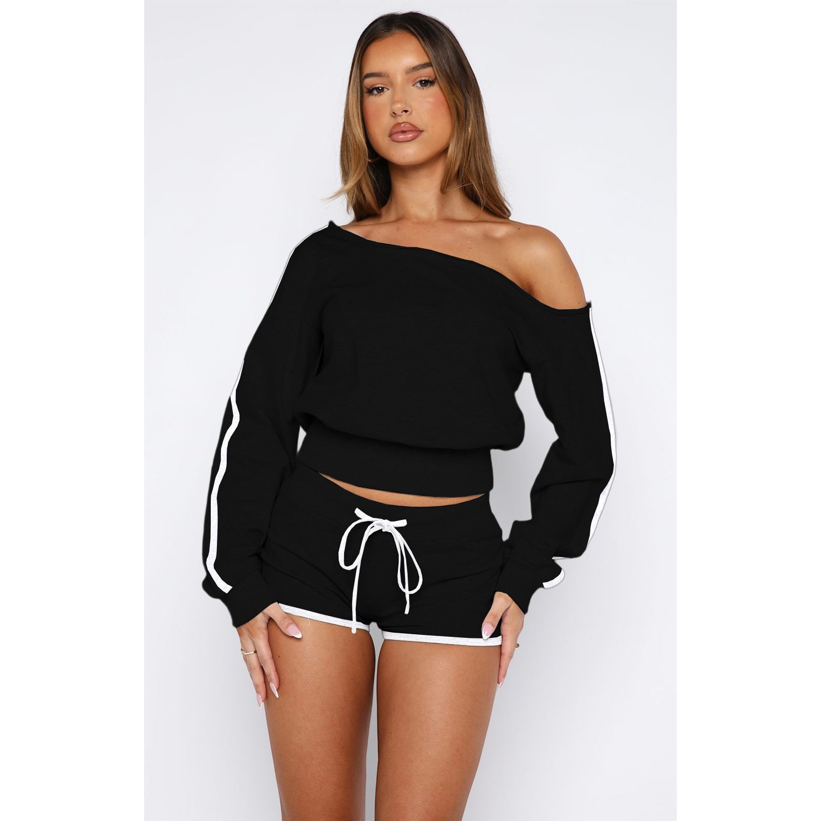 Women's Casual Slash Shoulder Long Sleeve Top Drawstring Shorts Two-Piece Set 57