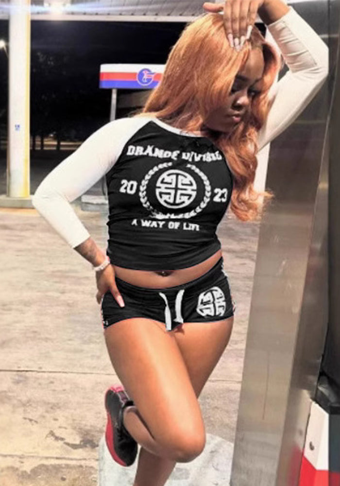 Women Letter Casual Sexy Street Print Top and Shorts Sports Two-Piece Set