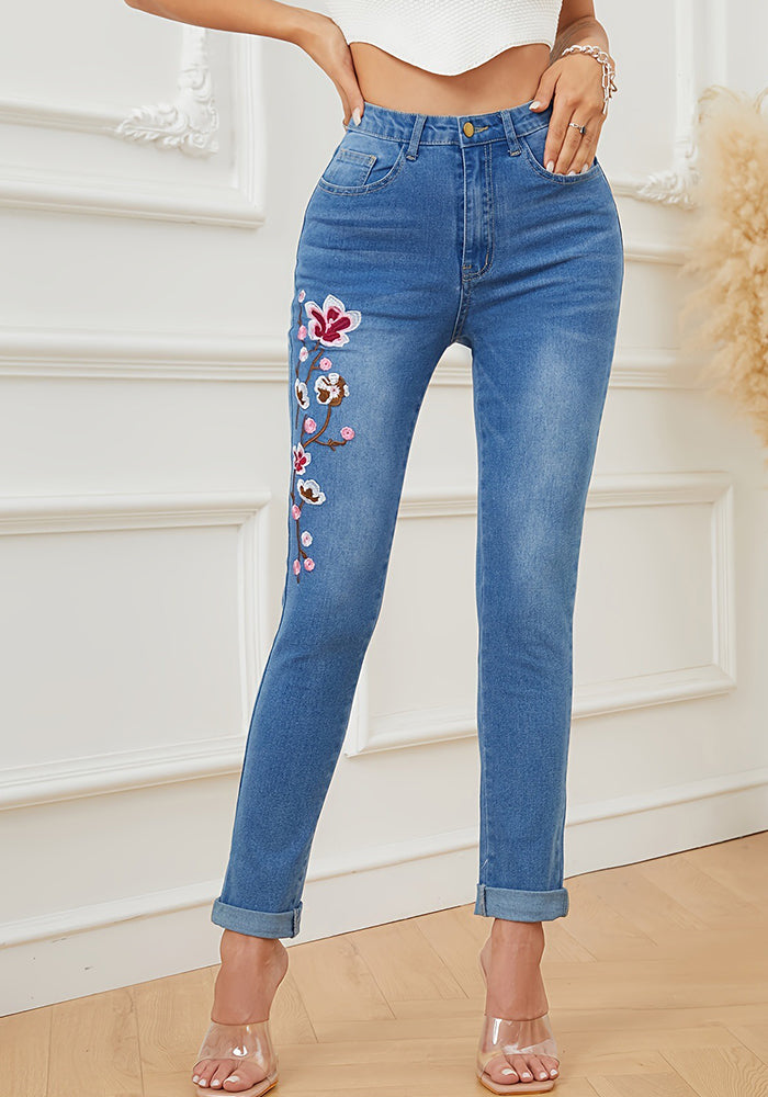 Women Embroidered High Waist Stretch Denim Pants