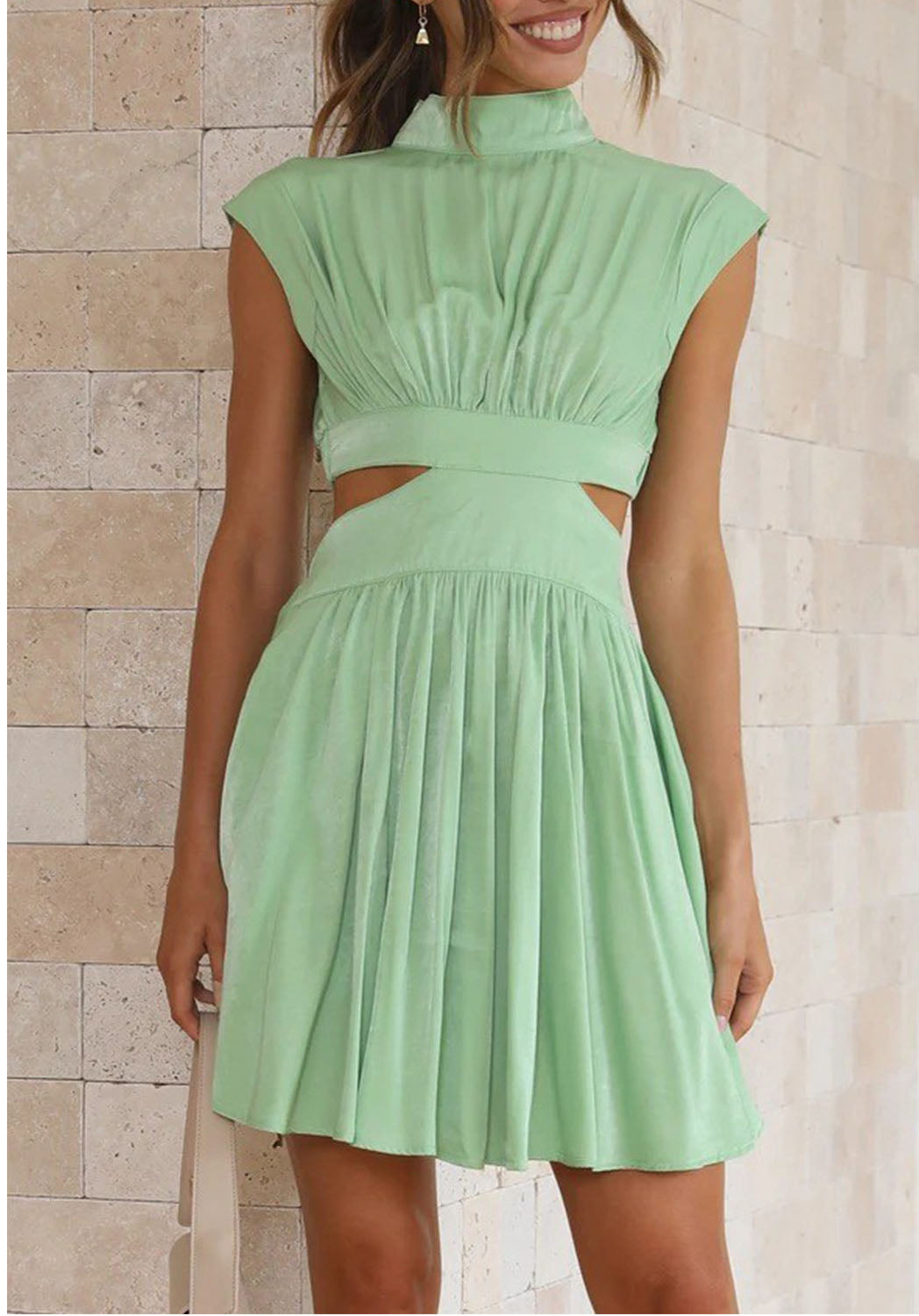 Solid Color Summer Dress Slim Waist Stand Collar Short Gown 8