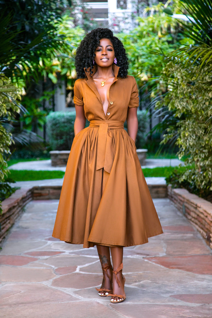 Solid Color Belted Long Sleeve Turndown Collart Button-Up Shirt Dress