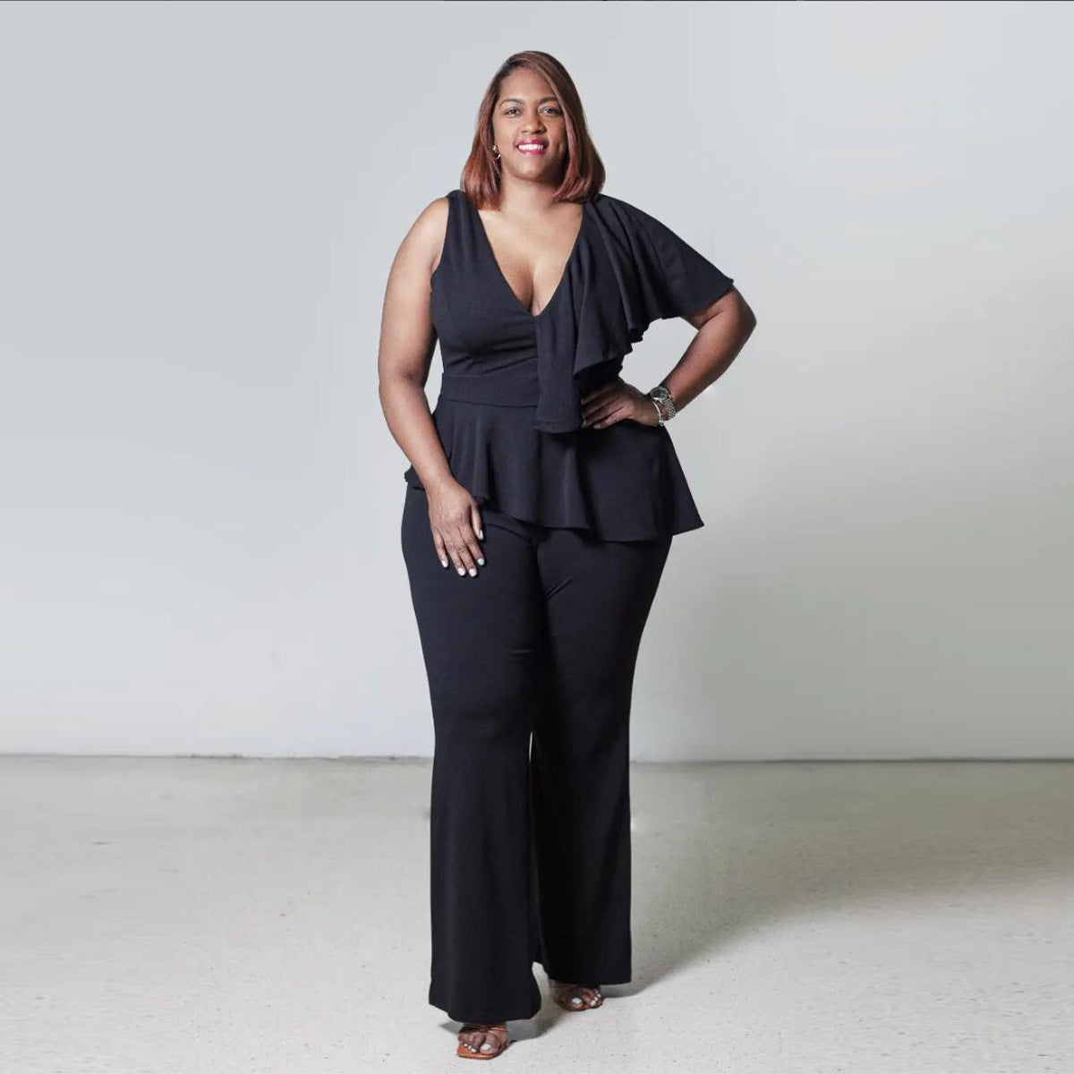 Women's Ruffled Patchwork Wide-Leg Casual Plus Size Jumpsuit