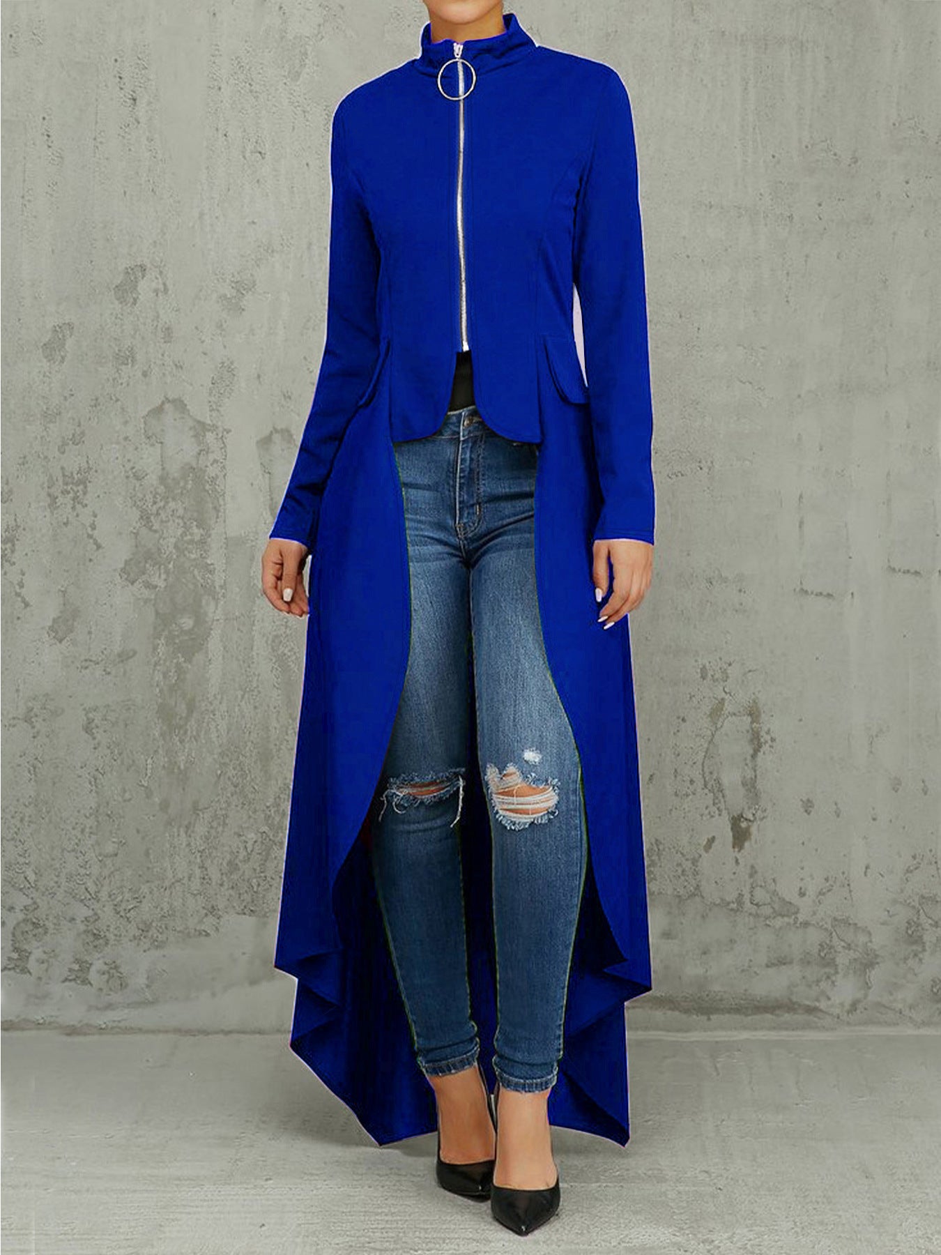 Women Long Sleeve Turtleneck Zipper Fake Pocket Irregular Dress 12