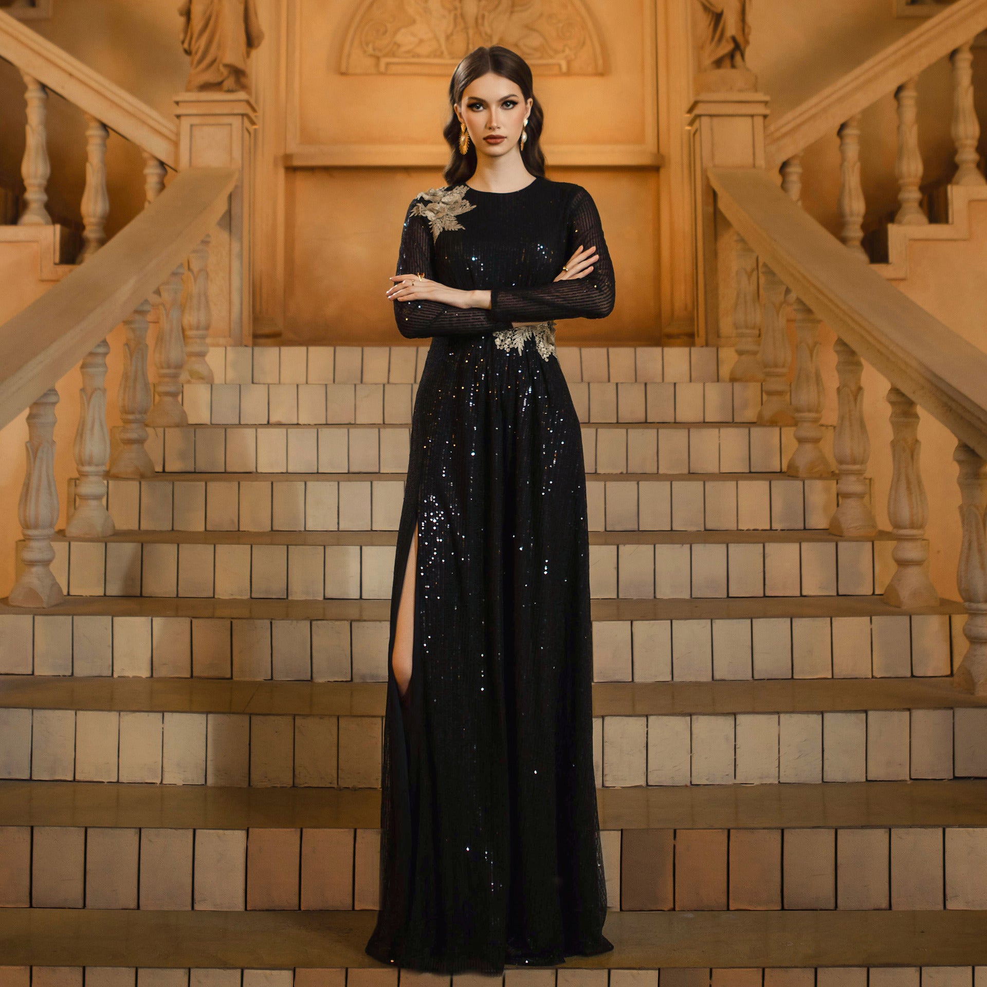 Women Round Neck long sleeve sequined formal party slit evening dress