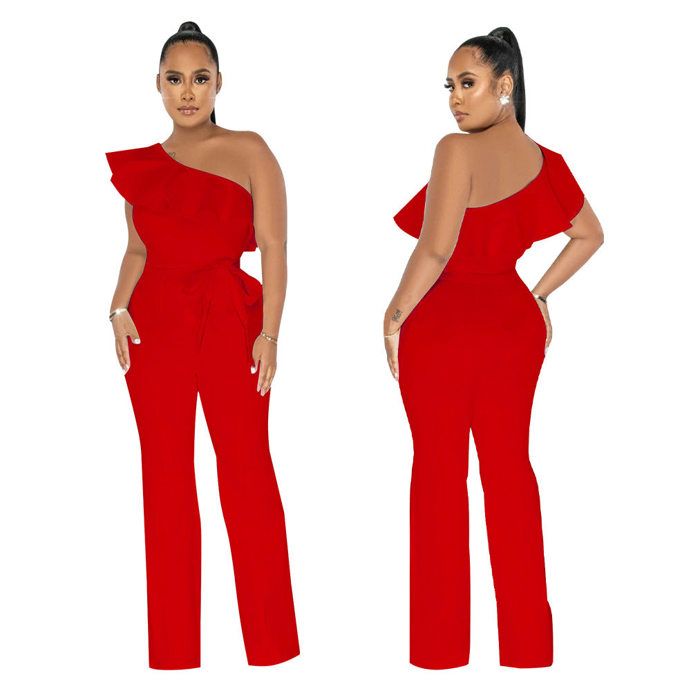 Women Solid Ruffle Jumpsuit with Belt 5