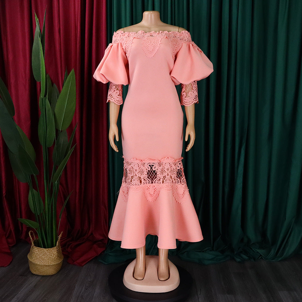 Women Off Shoulder Puff Sleeve Lace Patchwork Formal Party Mermaid Dress 22