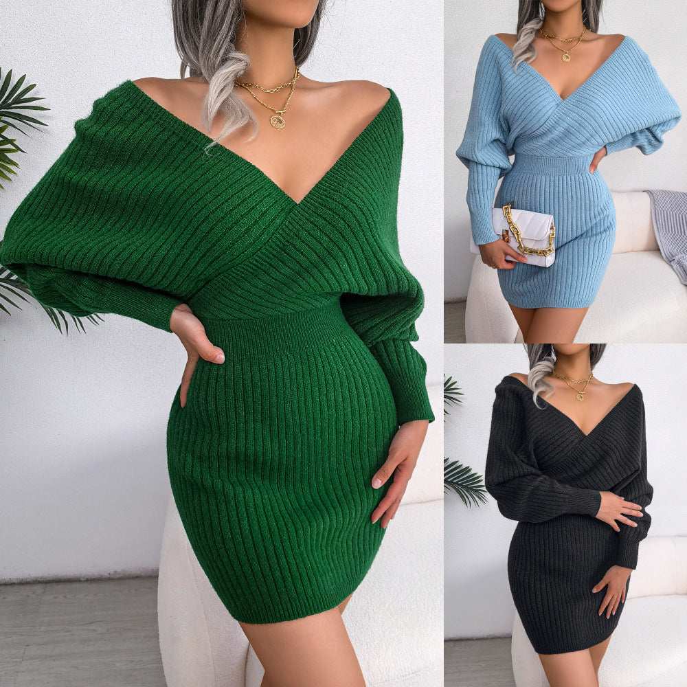 Fall/Winter Sexy Cross V-Neck Bat Skirt Bodycon Dress Sweater Dress