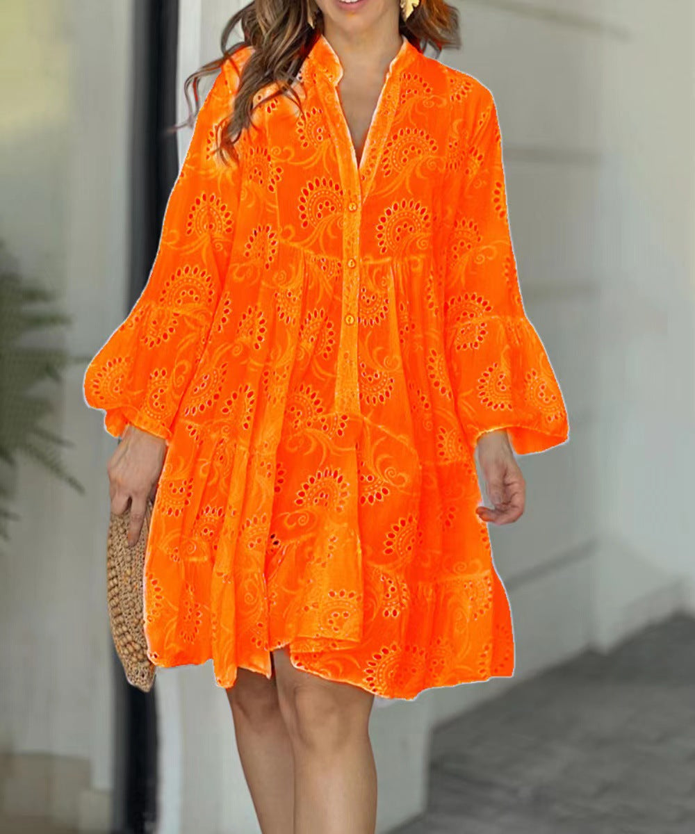 Spring And Summer Solid Color V-Neck Loose Embroidered Hollow Lace Dress 18