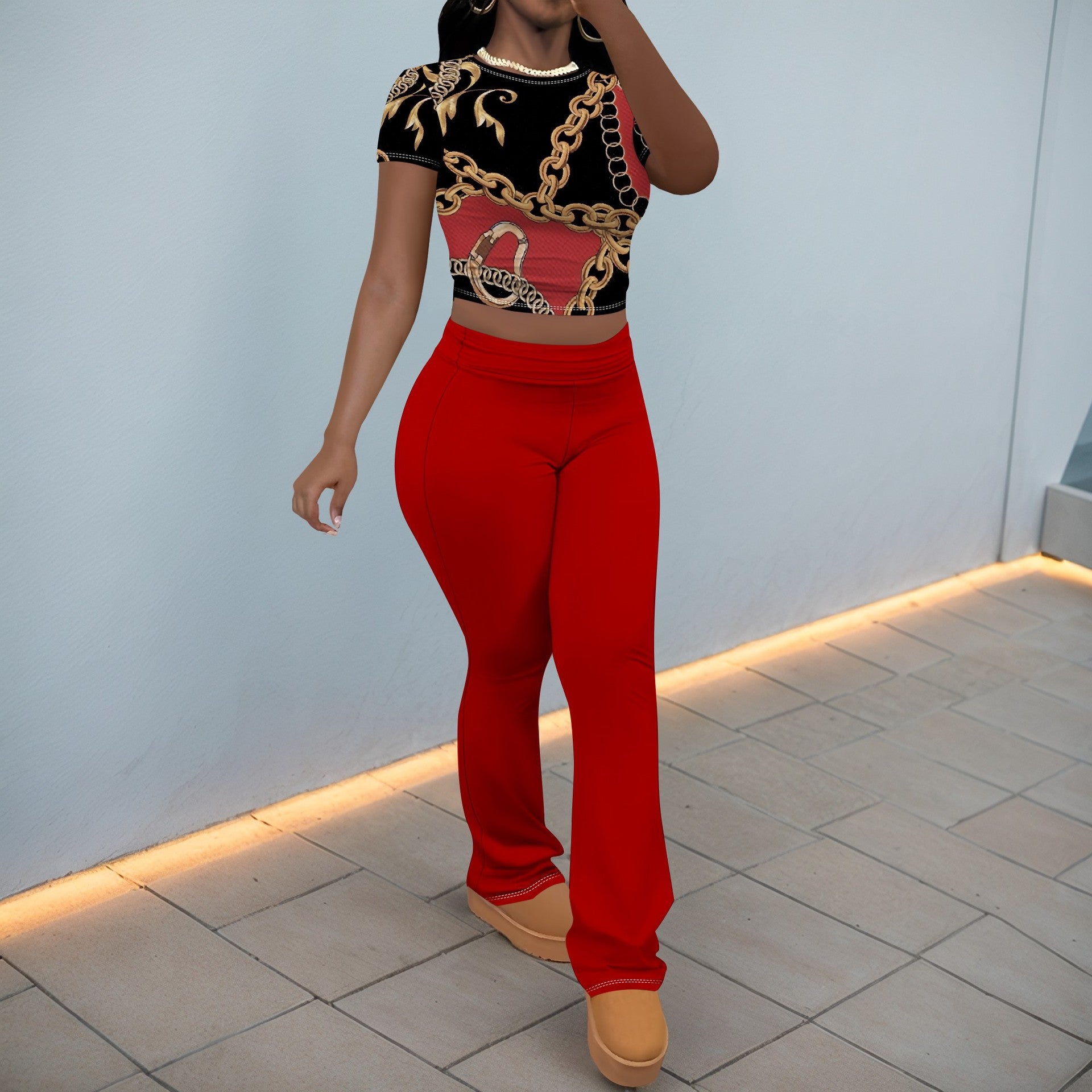 Women Casual Printed Short-Sleeved Top and Pants Two-Piece Set