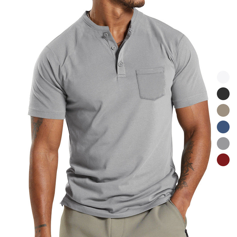 Men's Solid Button Stand Collar Short Sleeve T-shirt