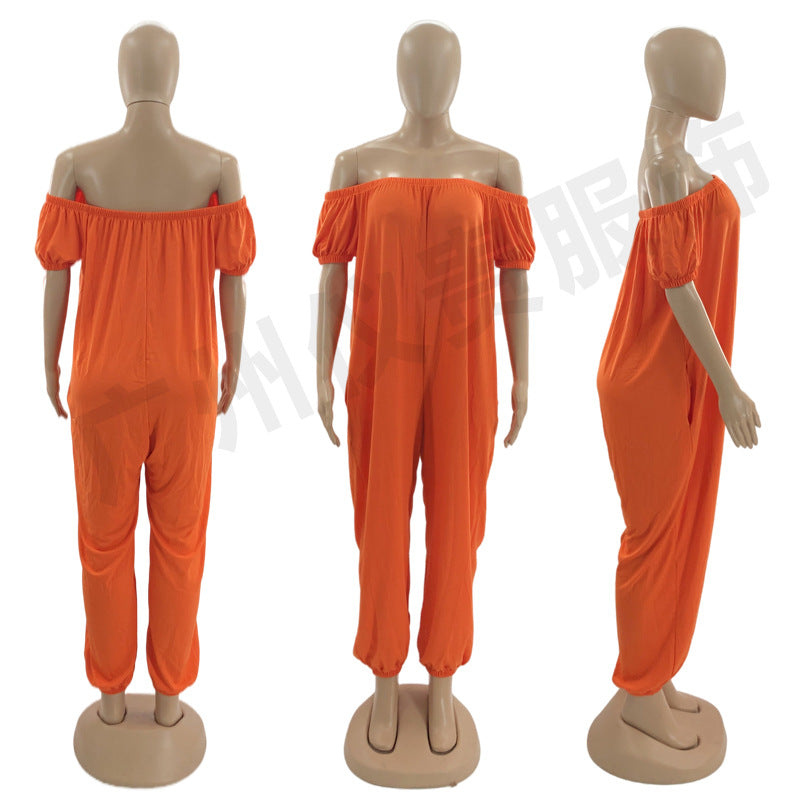 Women's Solid Color Loose Long Length Short Sleeve Jumpsuit Women's Bodysuit 5