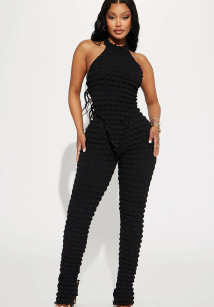 Women Summer Solid Sleeveless Halter Neck Tank Top and Pants Two-piece Set