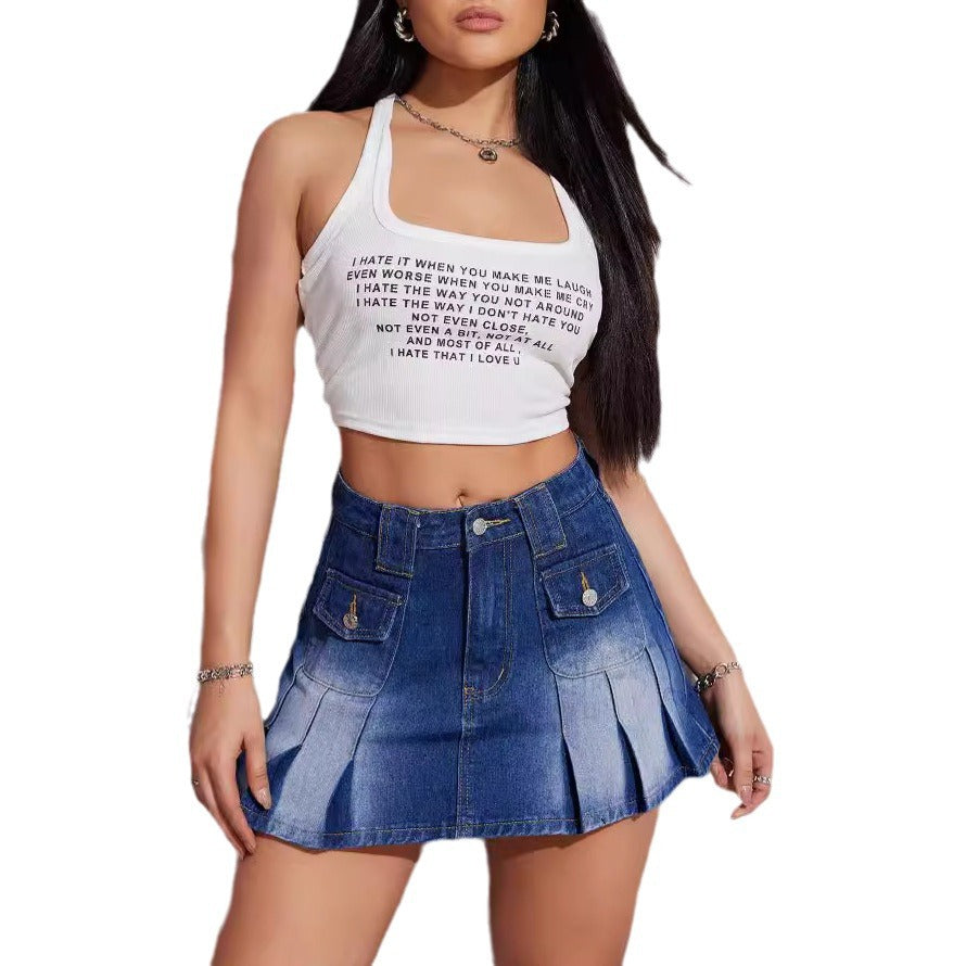 Women Pleated Denim Skirt 6