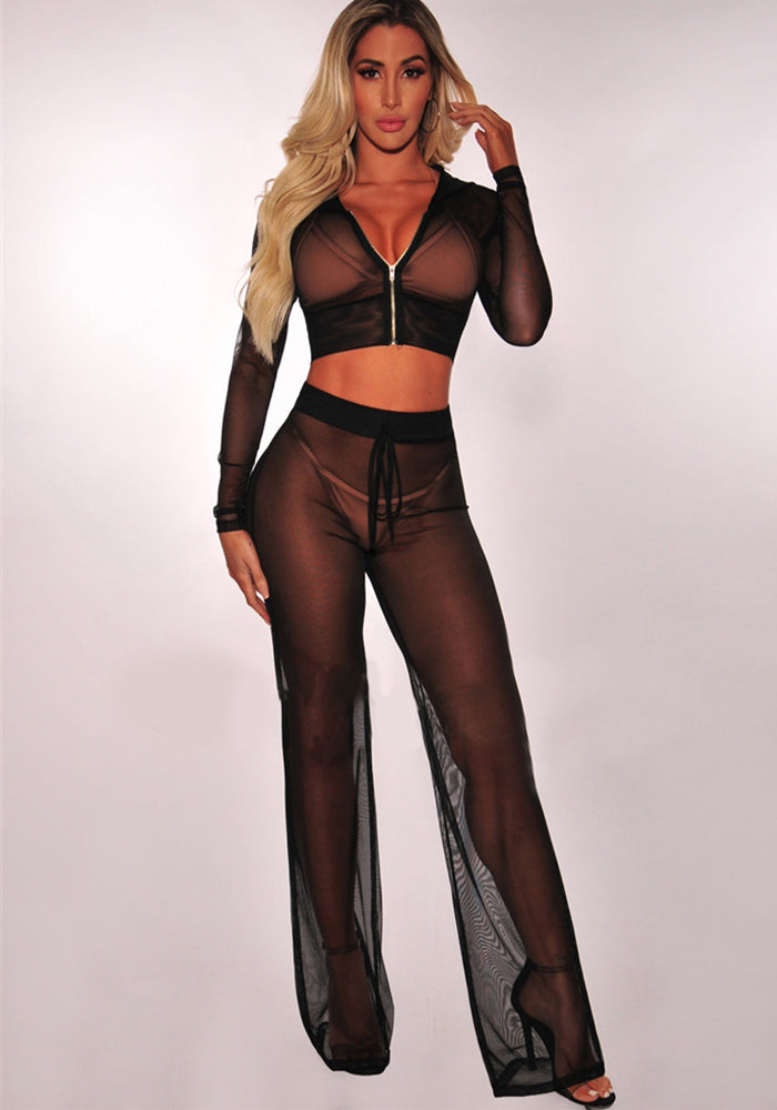 Summer Sexy Long Sleeve See-Through Mesh Hooded Zip-Up Top & Straight Pants Two-Piece Set