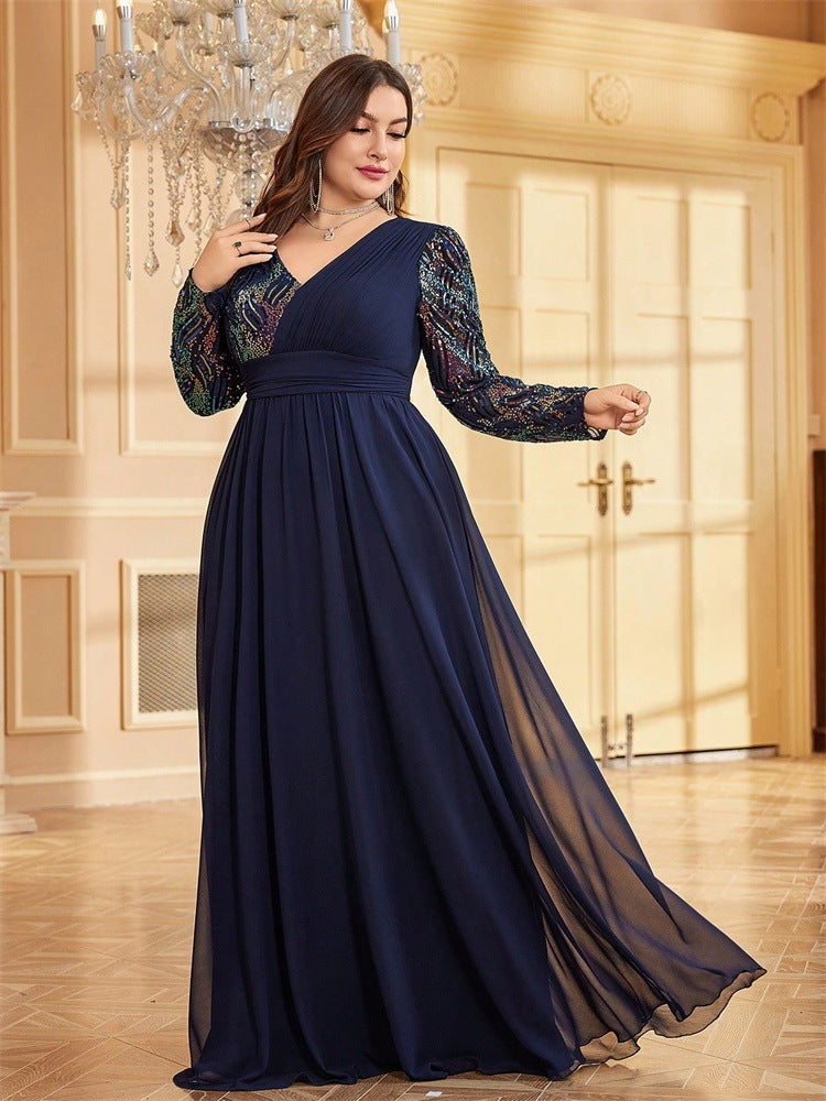 Plus Size Women sequin patchwork formal party fishtail maxi long sleeve evening dress 9