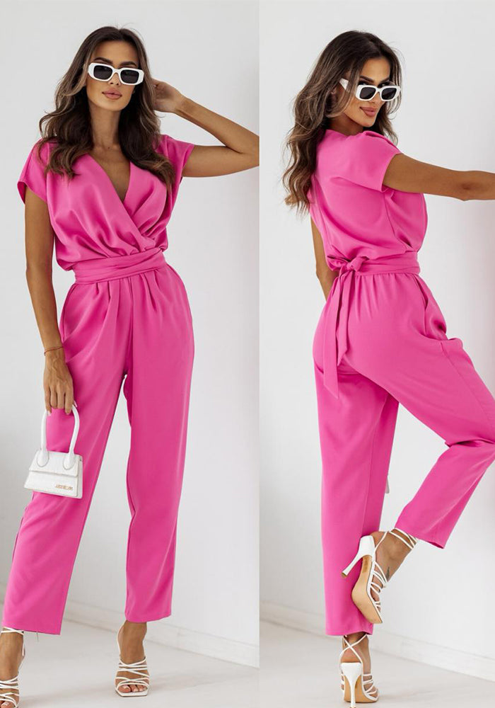 Summer Fashion Solid Color Slim Fit Short Sleeve Jumpsuit 6