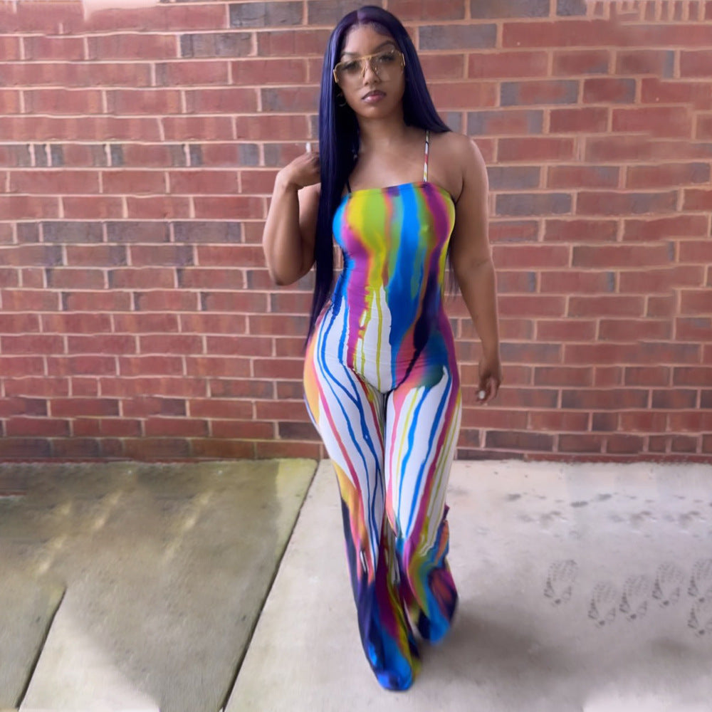 Sexy Suspender Graffiti Positioning Print Wide Leg Jumpsuit 5