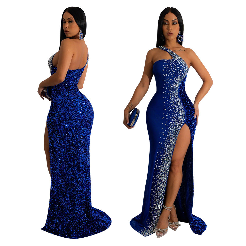 Fashion Slash Shoulder High Slit Beaded Party Evening Dress Women'S Maxi Dress 7