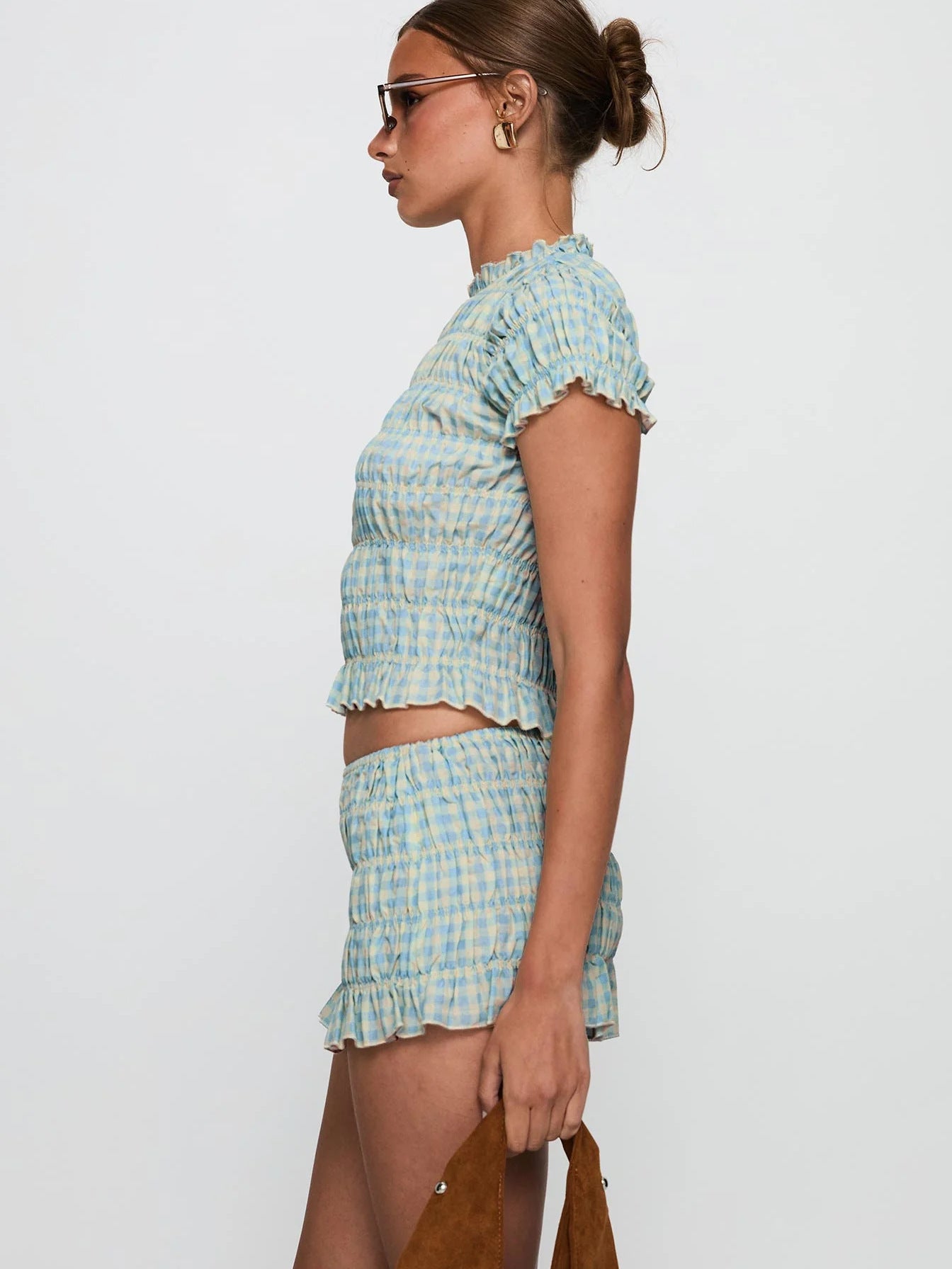 Spring Women's Fashion Plaid Short Sleeve Crop Top Mini Shorts Set 4