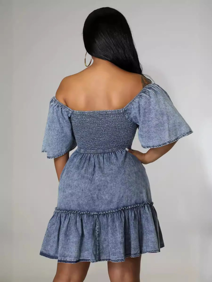 Summer Casual Off Shoulder Short-Sleeved Loose Denim Dress 3